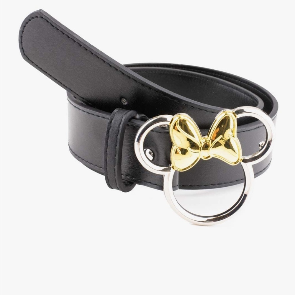 Disney Buckle-Down Minnie Mouse Ears Black Vegan Leather Belt Gold Silver Buckle